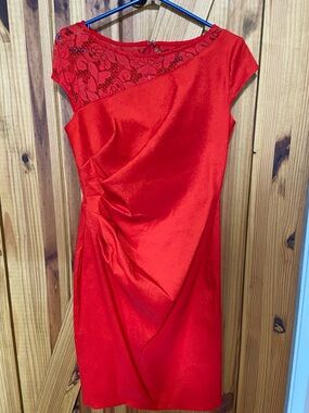 Joseph Ribkoff Red One-Shoulder Lace-Detail Sheath Dress vintage size 8